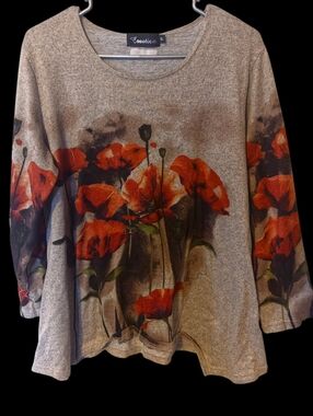 Orange Poppy Print Scoop-Neck Womens Top